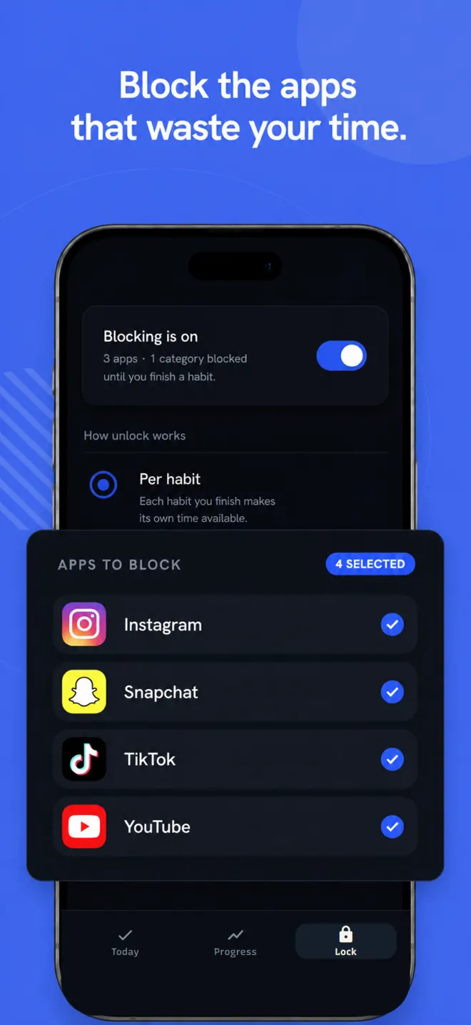Broc's Lock tab showing selected distracting apps and blocking status.