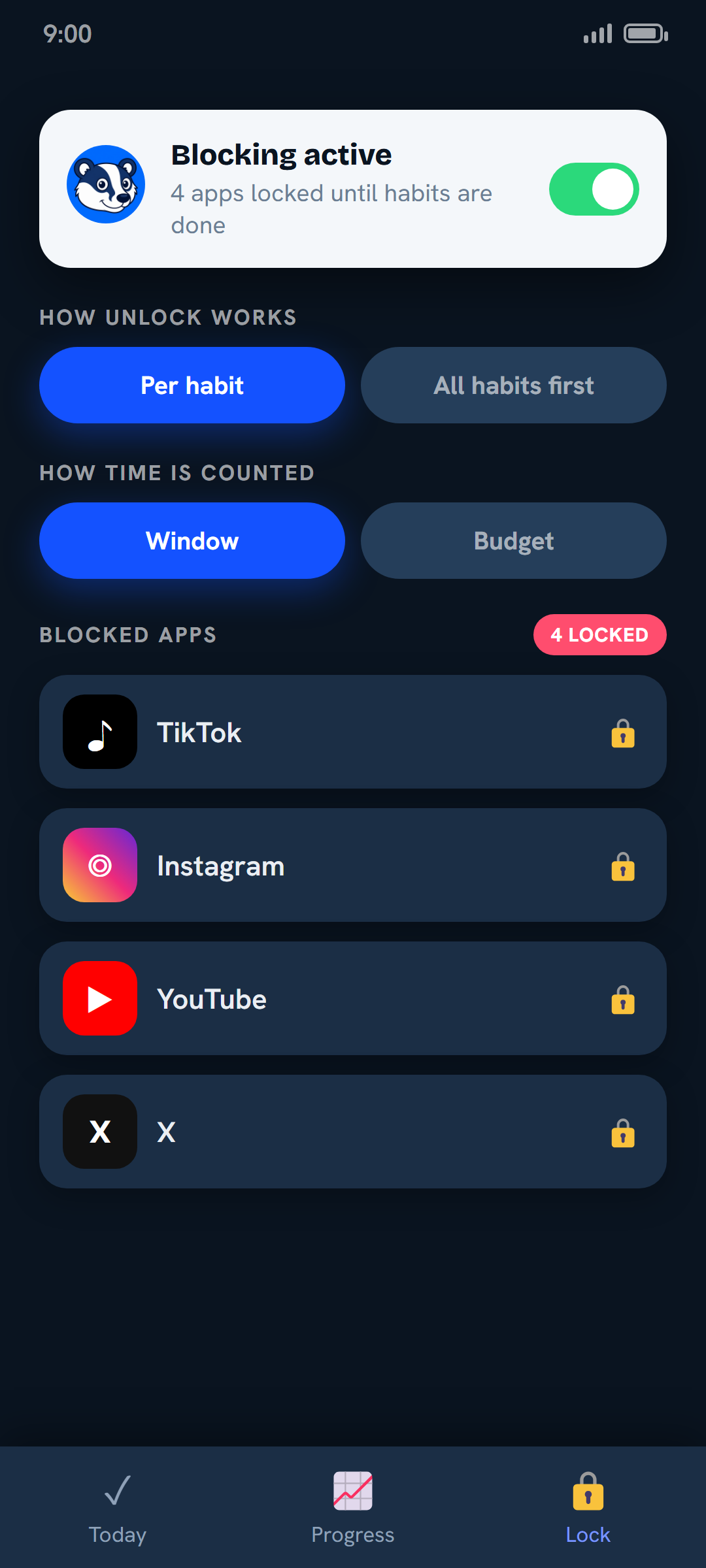 Broc's Lock tab showing selected distracting apps and blocking status.