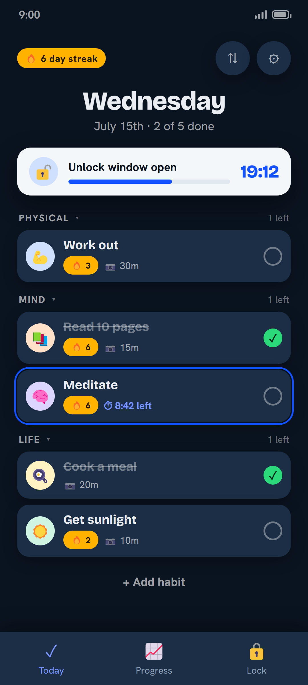 Broc's Today tab: the day's habits grouped by category with streaks and an open unlock window